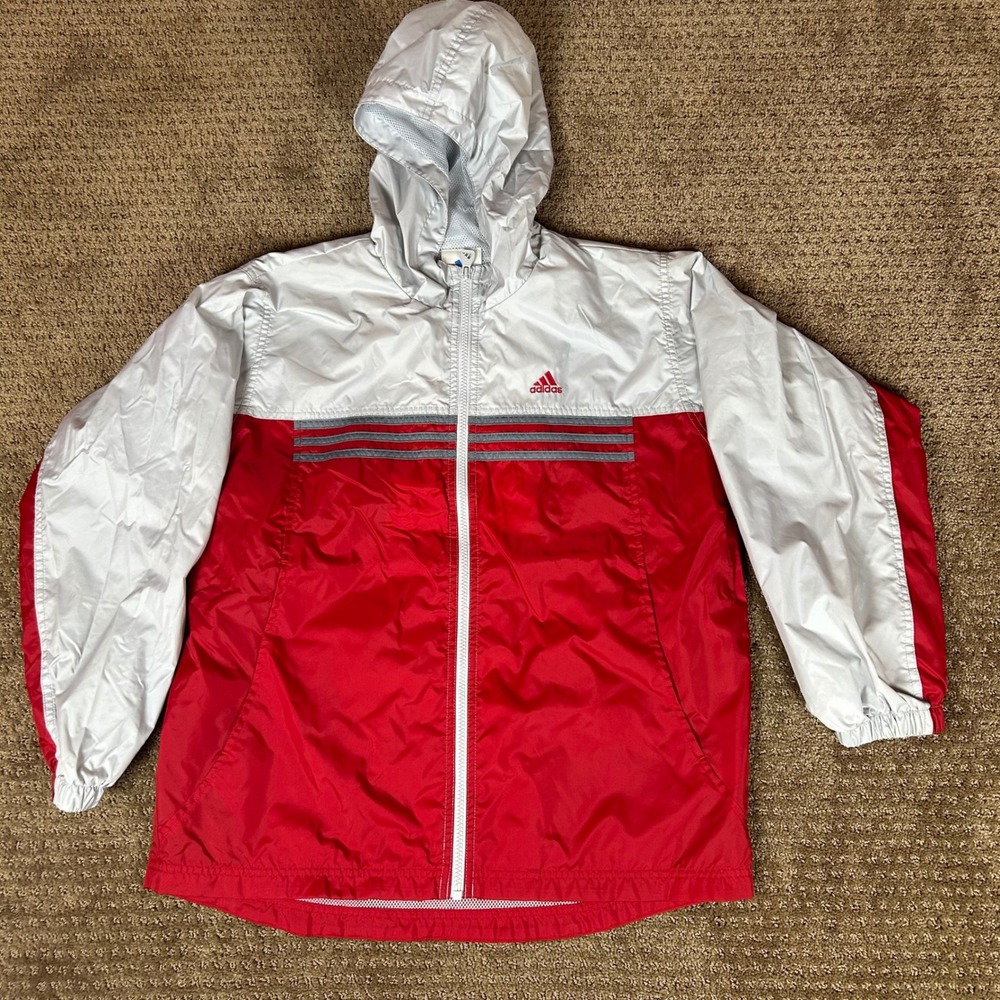 Adidas Windbreaker Jacket Boys Large Red White Colorblock Hooded Mesh Lined